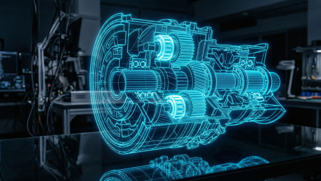 jet mechanics blueprint blue hologram in lab
