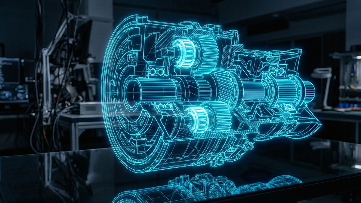 jet mechanics blueprint blue hologram in lab